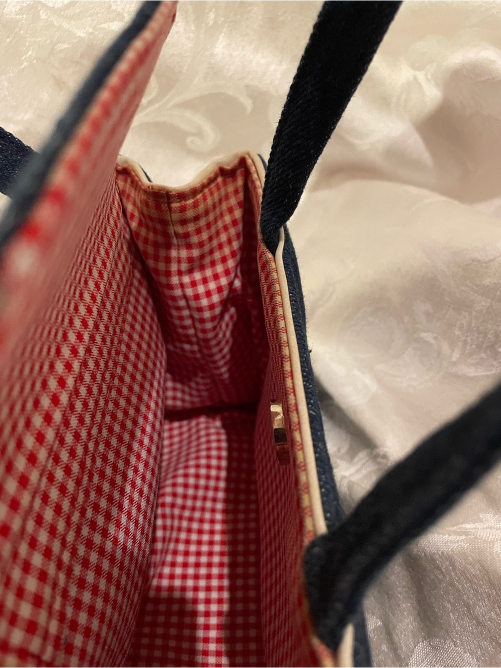 Vintage Y2K Kate Spade denim Blue Jean purse, red cottagecore gingham interior - Picture 8 of 16